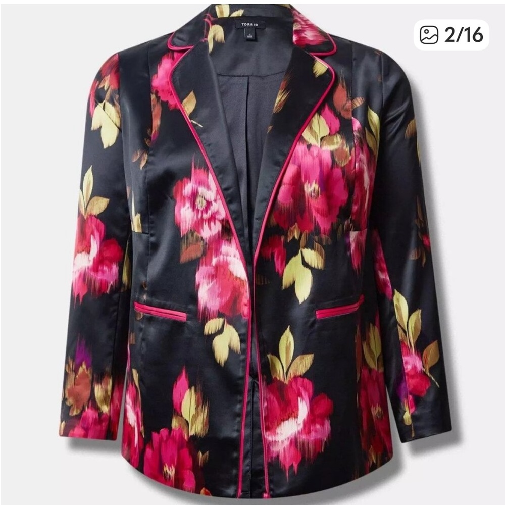 Torrid Satin Black Floral Blazer with Pink and Green Design